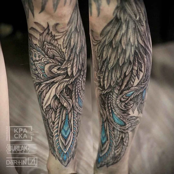 Ornamental Feather, Floral tattoo on Calf
