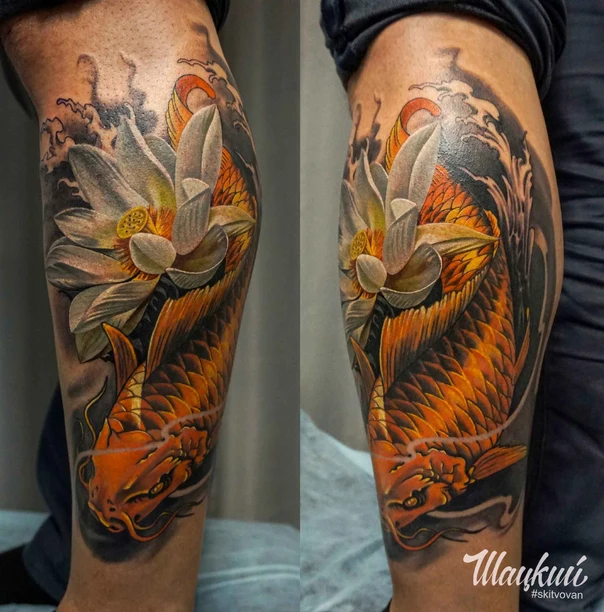 Japanese Koi, Lotus tattoo on Calf