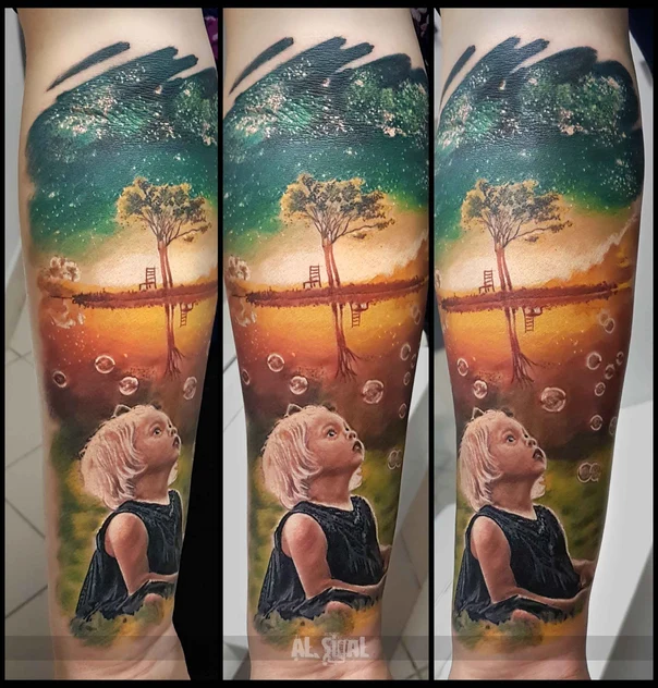 Реализм Portrait, Landscape tattoo на Предплечье