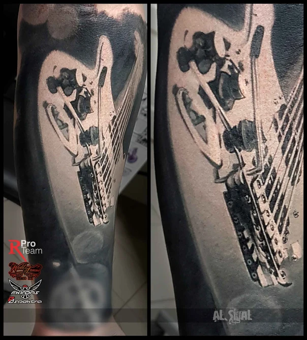 Блэкворк Guitar, Skull tattoo на Предплечье