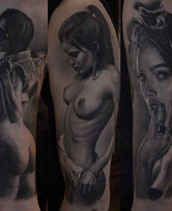 female black and grey realism tattoo on full sleeve #8498 | Tattoo Artist Ден Яковлев