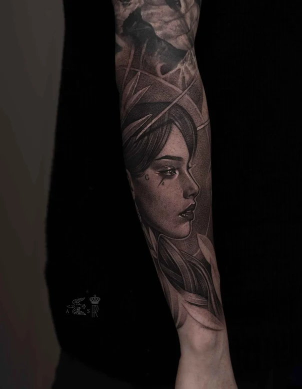 Black & Grey Portrait, Floral tattoo on Full Sleeve