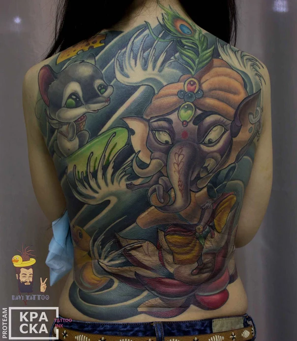 Иллюстративная Ganesha, Mouse tattoo на Спина (полная)