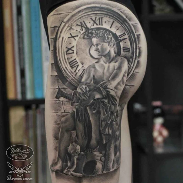 Realism Clock, Statue tattoo on Thigh