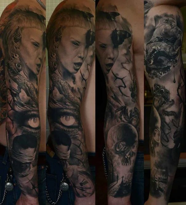 Реализм Portrait, Skull tattoo на Полный рукав