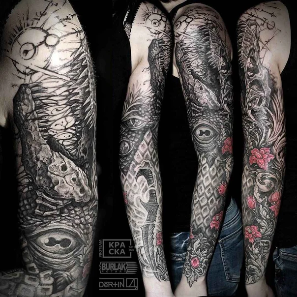 Блэкворк Eye, Skull tattoo на Полный рукав