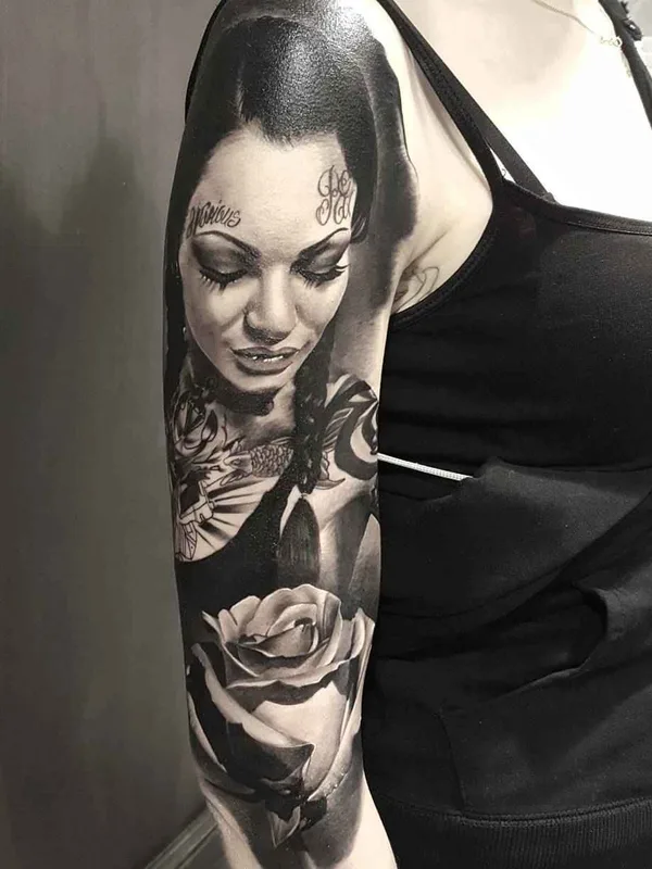 female black and grey realism Tatuaggio su full sleeve #9373 | Tatuatore Денис Тидан Торикашвили