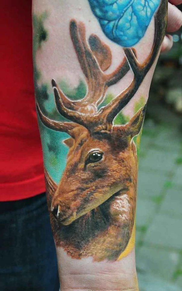 Реализм Deer, Antlers tattoo на Предплечье
