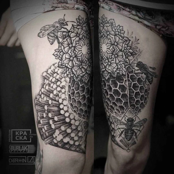 Блэкворк Bee, Mandala tattoo на Бедро