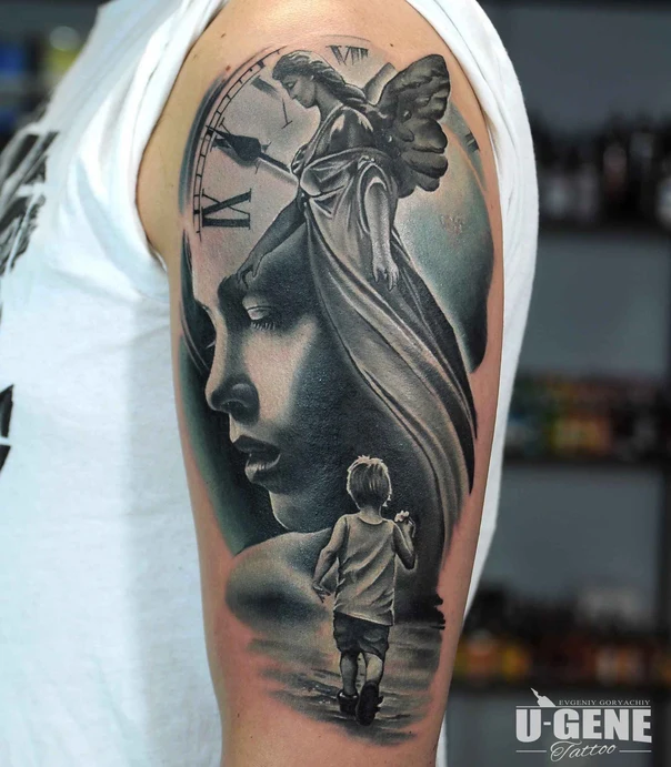 Realism Angel, Face tattoo on Upper Arm