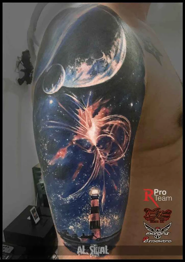 Реализм Space, Lighthouse tattoo на Полный рукав