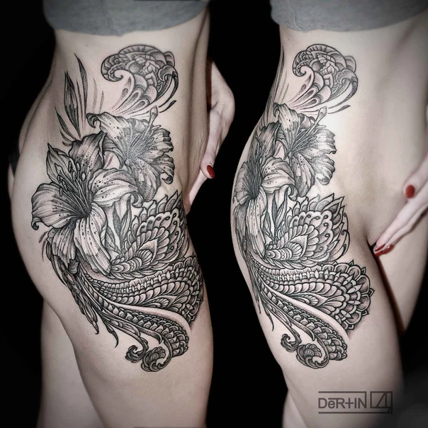 Блэкворк Flowers, Wave tattoo на Бедро (верх)