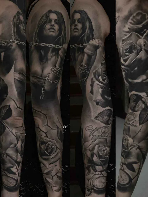 female black and grey realism tattoo on full sleeve #8501 | Tattoo Artist Ден Яковлев