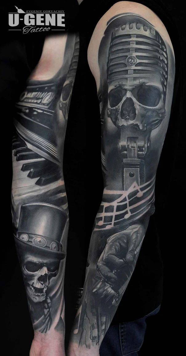Realism Skull, Music tattoo on Full Sleeve
