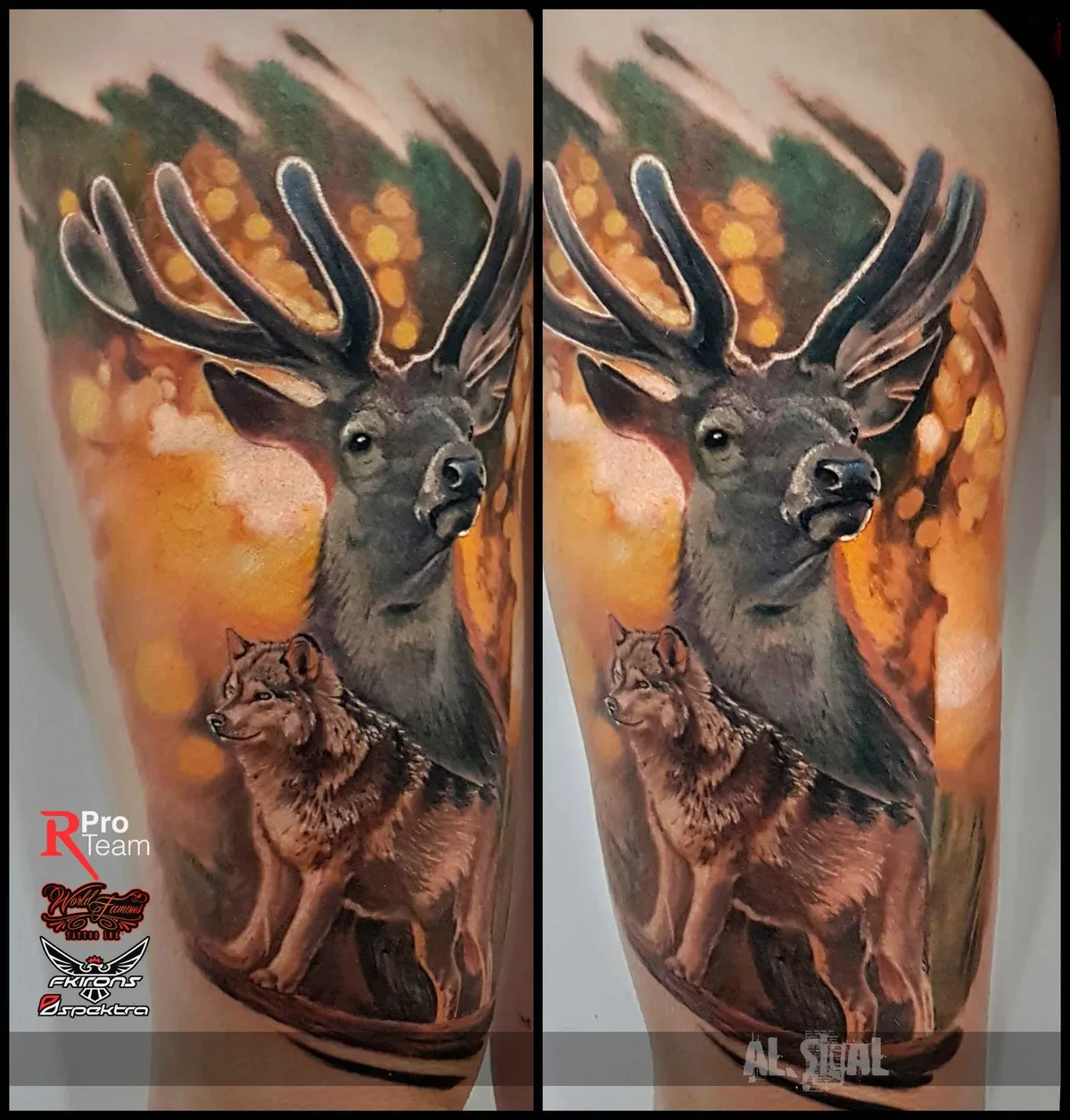 A realistic colour tattoo depicting a deer and a wolf together in a naturalistic forest setting, rendered in warm earthy tones.