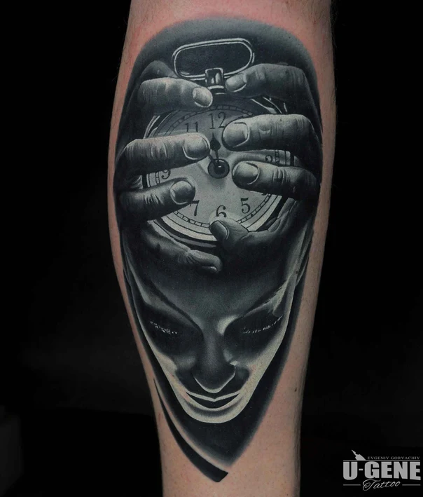 Black & Grey Clock, Face tattoo on Calf
