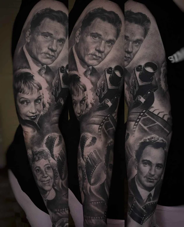 Реализм Portrait, Film reel tattoo на Полный рукав