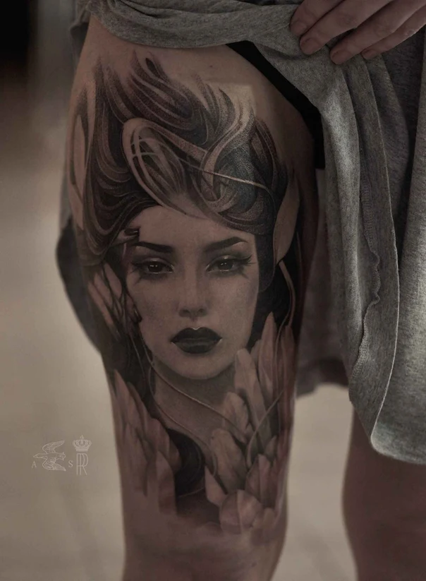Realism Portrait, Woman tattoo on Thigh