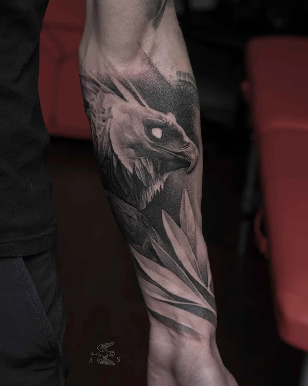 Black & Grey Bird, Leaves tattoo on Forearm