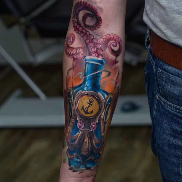 Illustrative Octopus, Bottle tattoo on Forearm