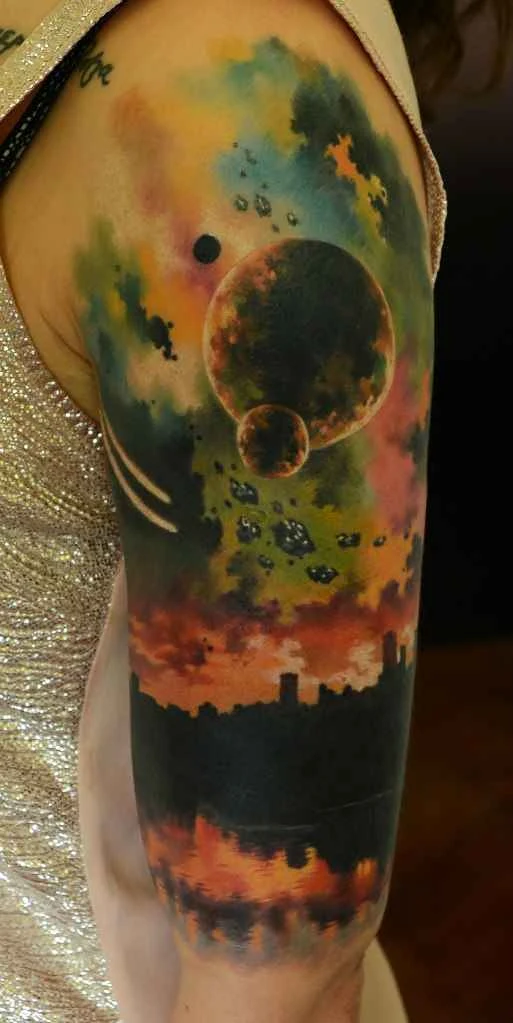 Акварель Planets, Skyline tattoo на Полный рукав