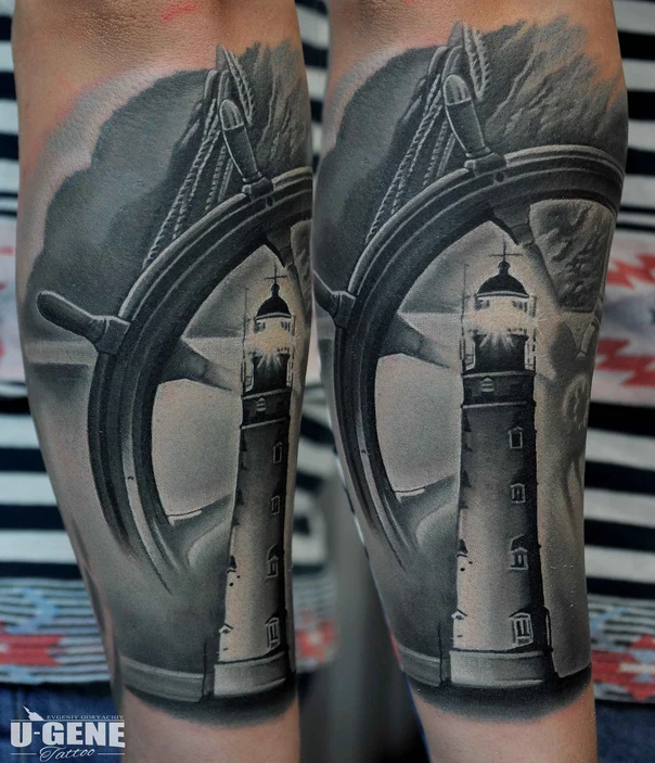 Realism Lighthouse, Ship wheel tattoo on Forearm