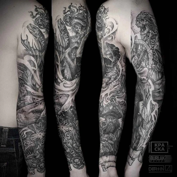 Чёрно-серая Mermaid, Shark tattoo на Полный рукав