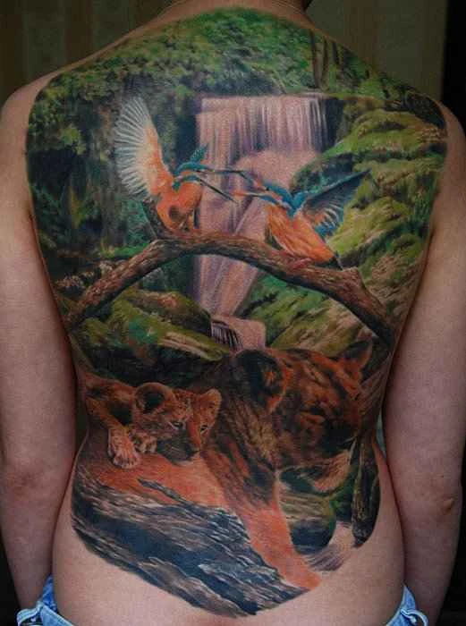 Реализм Birds, Lion tattoo на Спина (полная)