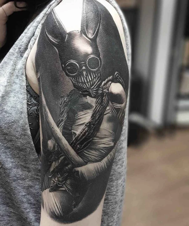 Black & Grey Mask, Figure tattoo on Upper Arm