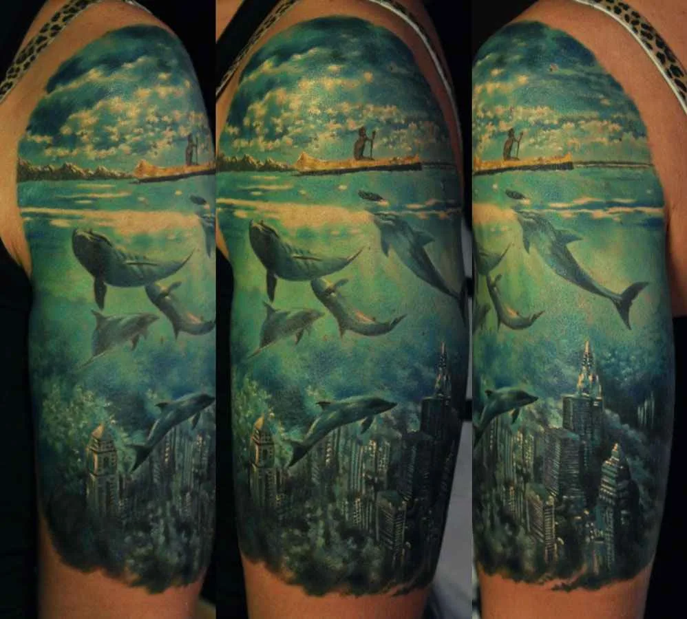A highly detailed, realistic full sleeve tattoo depicting dolphins swimming above a submerged city, with rich underwater lighting and shading.