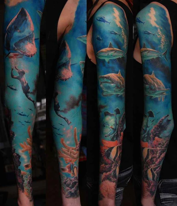 Realism Shark, Ocean tattoo on Full Sleeve