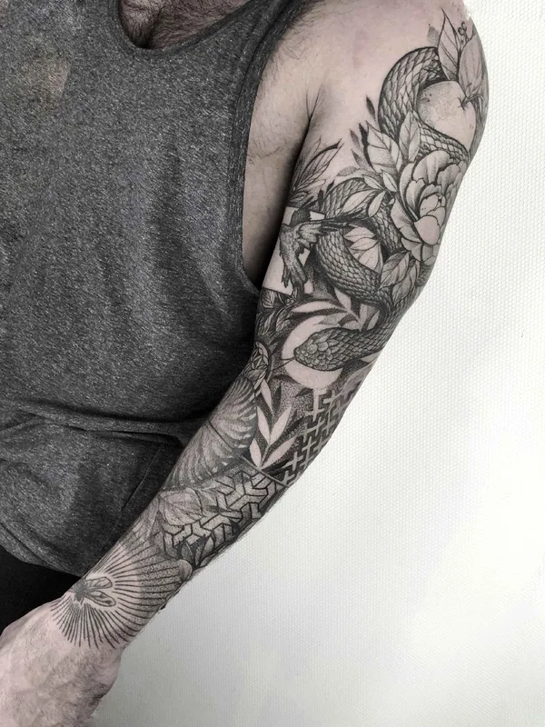 male black and grey blackwork 纹身 在 full sleeve #17817 | 纹身师 Taras Shtanko