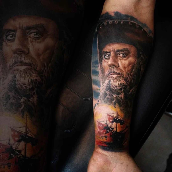 Realism Portrait, Ship tattoo on Forearm