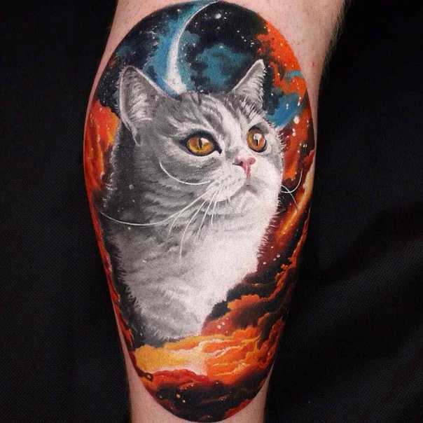 Realism Cat, Space tattoo on Calf