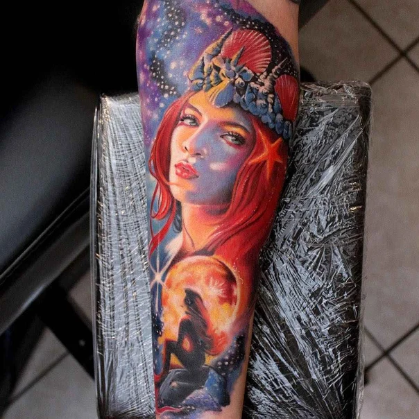 Realism Mermaid, Galaxy tattoo on Forearm