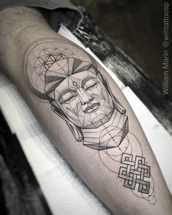 Geometric Buddha, Sacred geometry tattoo on Calf
