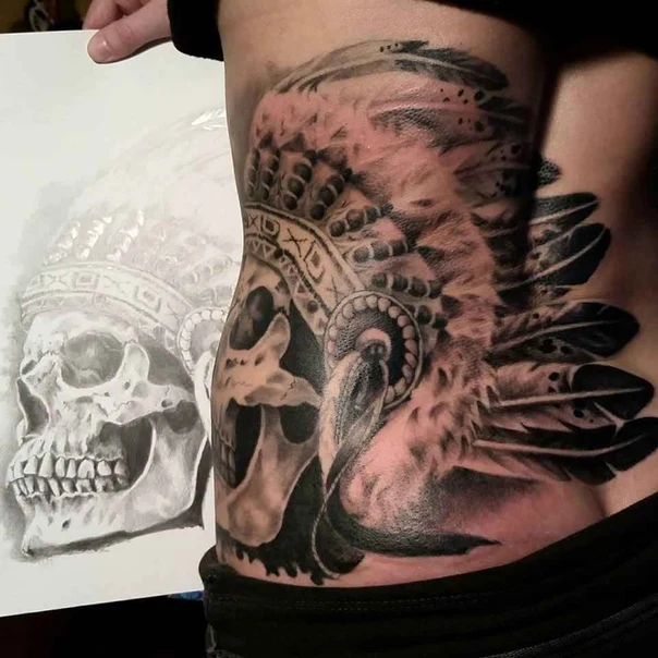 Black & Grey Skull, Feathers tattoo on Side