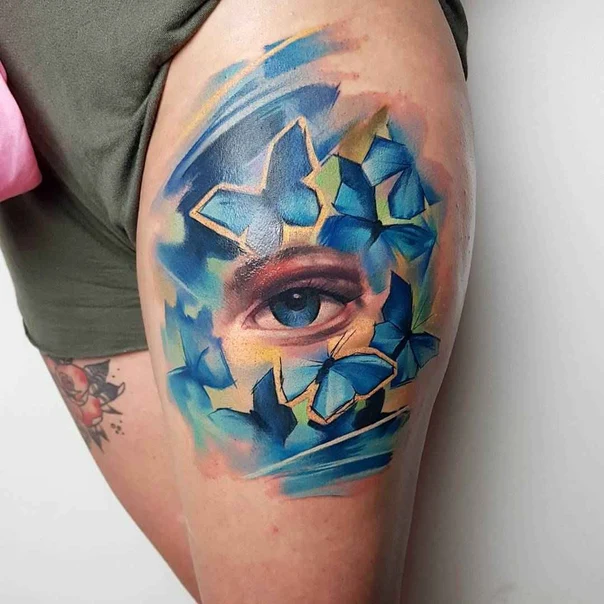 Акварель Eye, Butterfly tattoo на Thigh