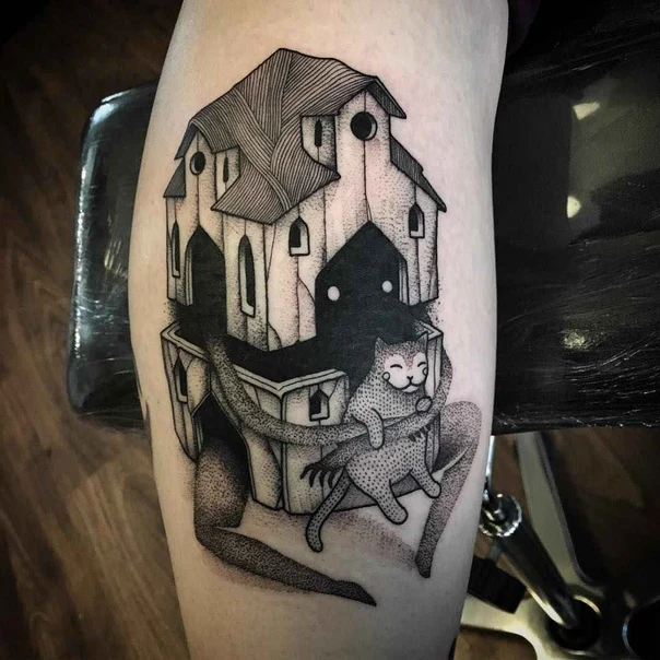 Illustrative House, Cat tattoo on Thigh