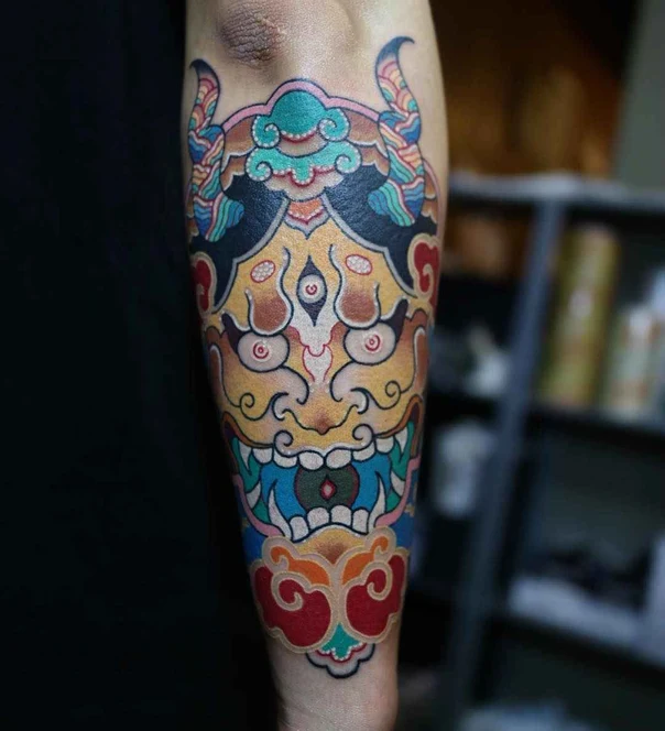 Japanese Demon, Mask tattoo on Forearm