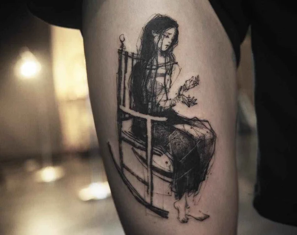 Sketch Figure, Chair tattoo on Thigh