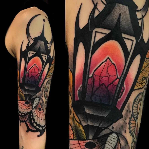 Neo Traditional Lantern, Butterfly tattoo on Forearm