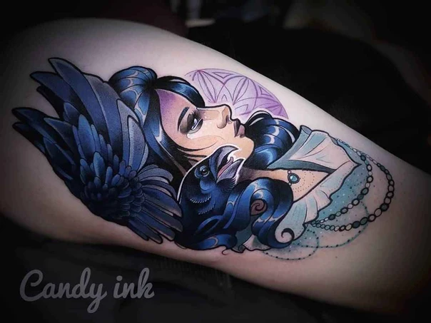 Illustrative Raven, Portrait tattoo on Thigh