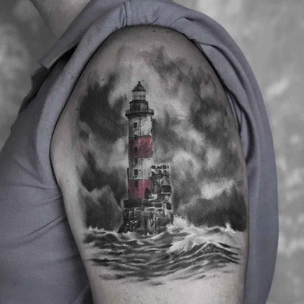 Realism Lighthouse, Waves tattoo on Shoulder