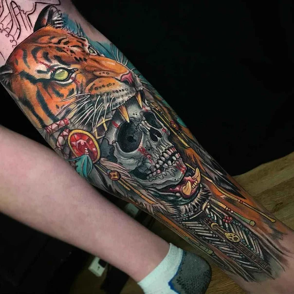 Realism Tiger, Skull tattoo on Forearm