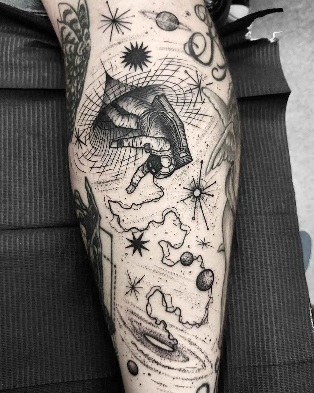 Tattoo artist Thomas Eckeard black surrealistic tattoo in authors style, blackwork | USA