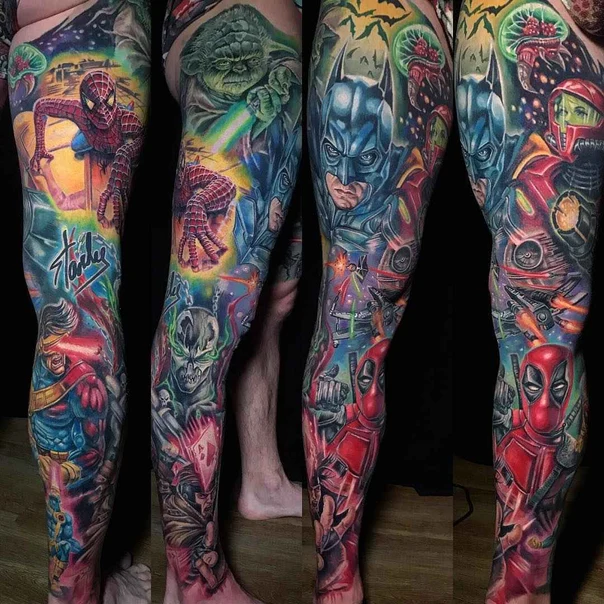 Realism Superheroes, Comic book characters tattoo on Full leg