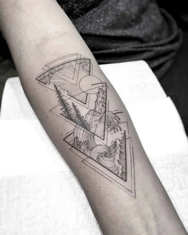 Geometric Mountain, Wave tattoo on Forearm