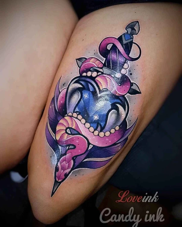 Neo Traditional Dagger, Snake tattoo on Thigh