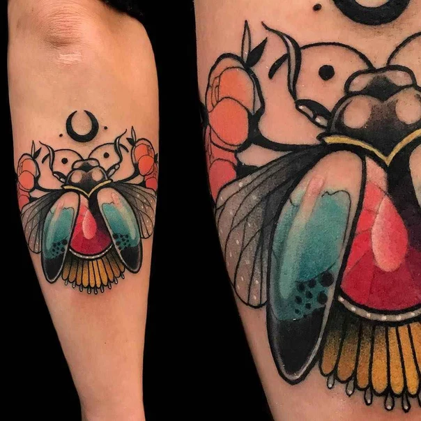 Neo Traditional Beetle, Flowers tattoo on Forearm